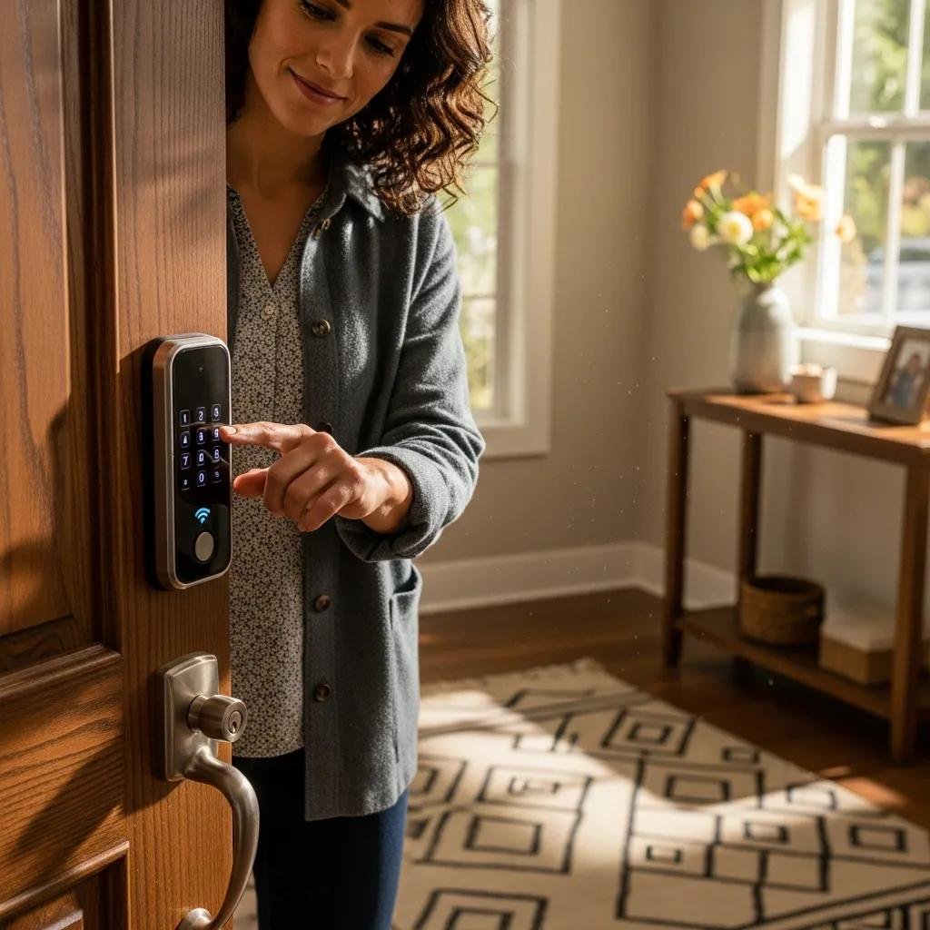 Homeowner using a smart lock at the front door — modern residential security in Charlotte