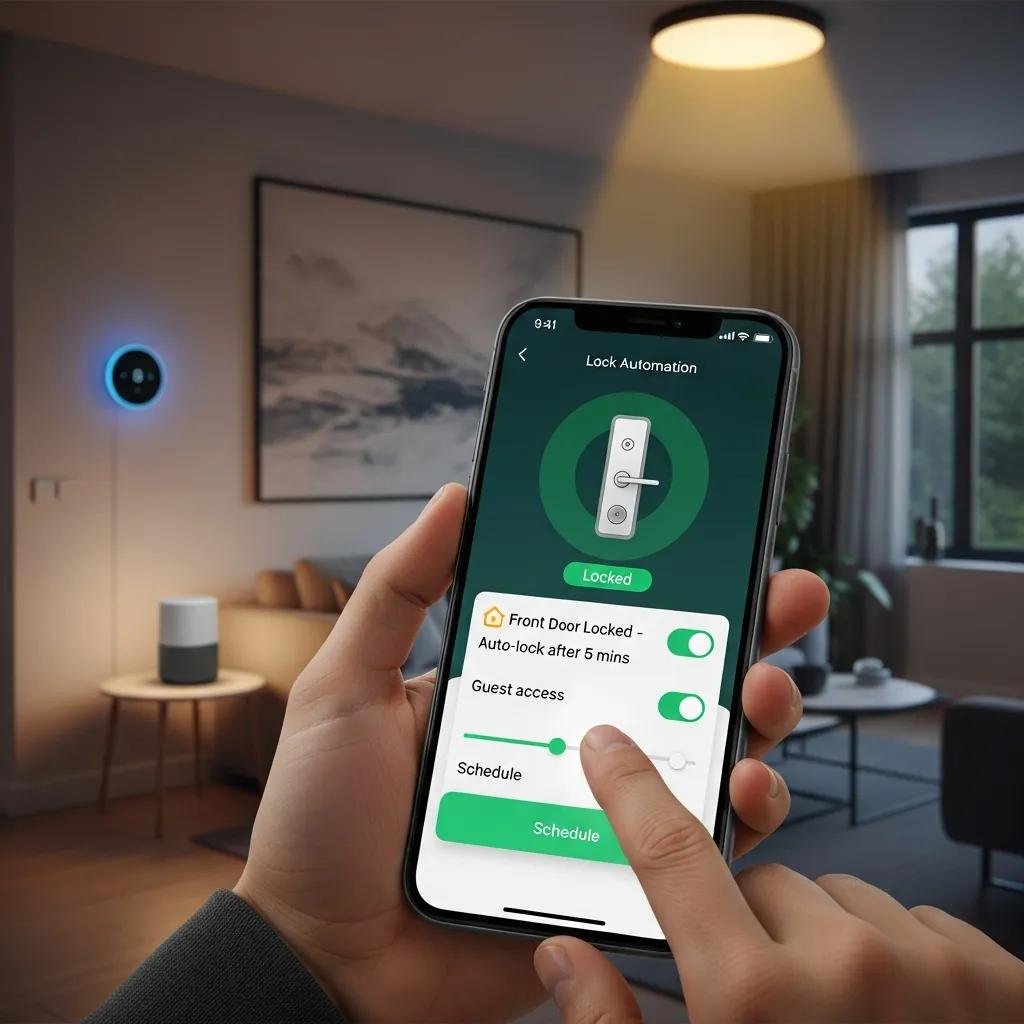 Homeowner using smartphone to automate smart lock system, illustrating seamless home control