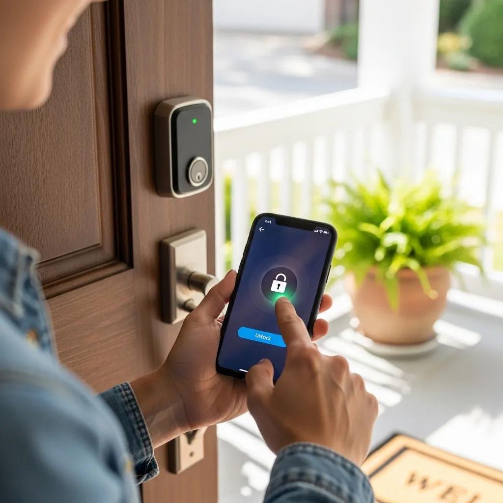 Homeowner using smartphone to control smart door lock for enhanced security