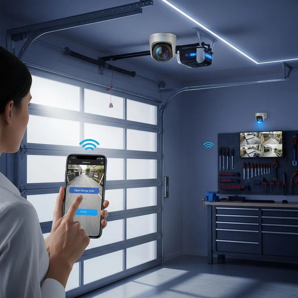 Homeowner using smartphone to control smart garage door security system