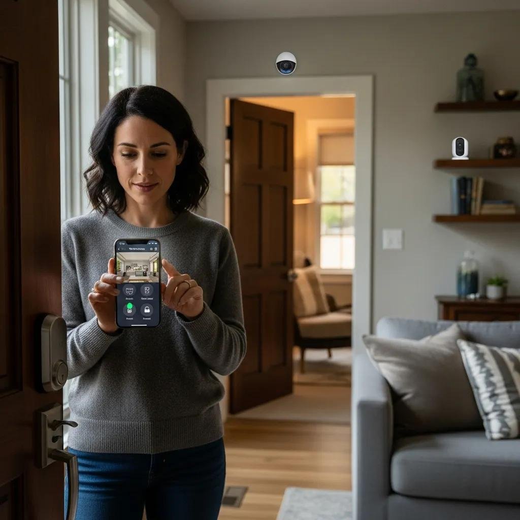 Homeowner using smartphone to control smart home security devices, emphasizing technology in safety