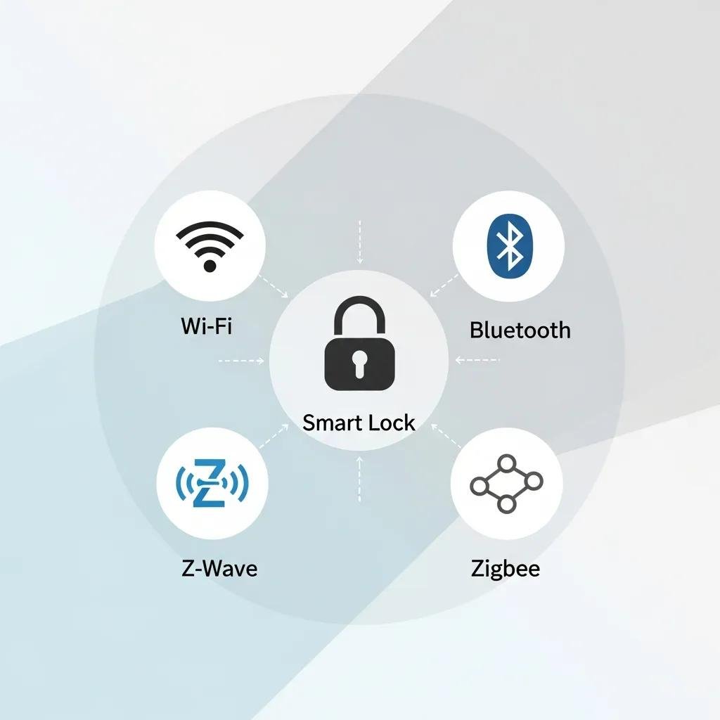 Icons representing smart lock connectivity options: Wi-Fi, Bluetooth, Z-Wave, and Zigbee