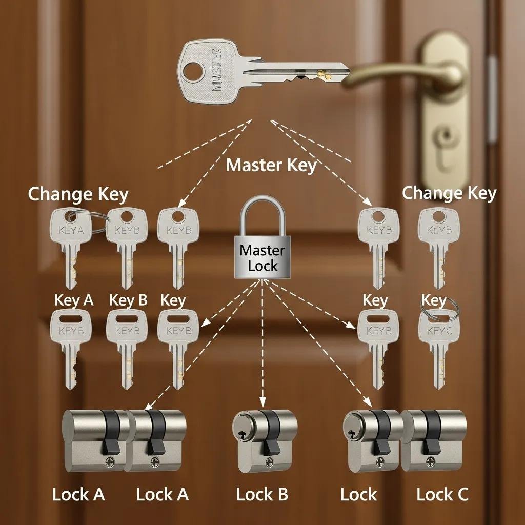 Illustration of a master key system with keys and locks, emphasizing security and access control