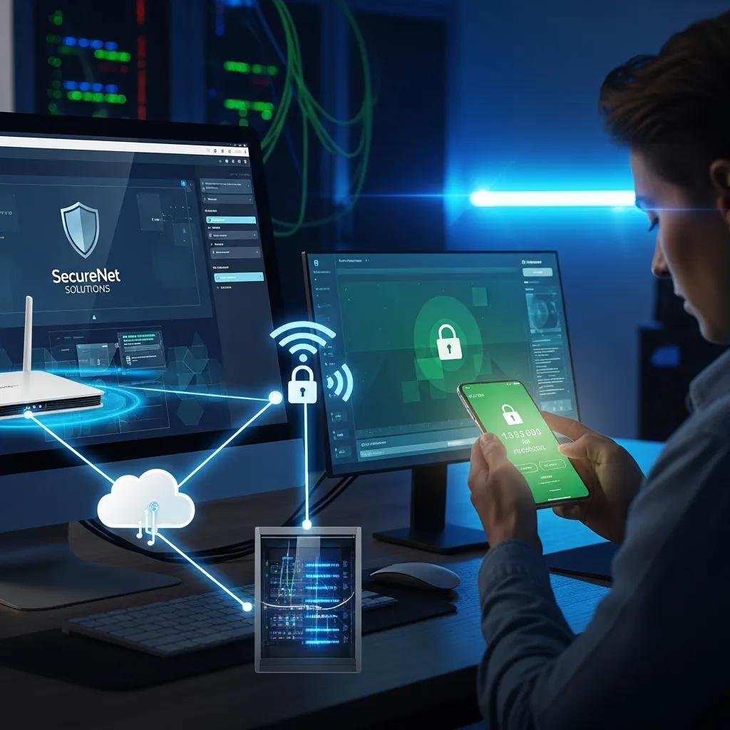 Illustration of cybersecurity fundamentals with security software, multi-factor authentication, and a secure network setup