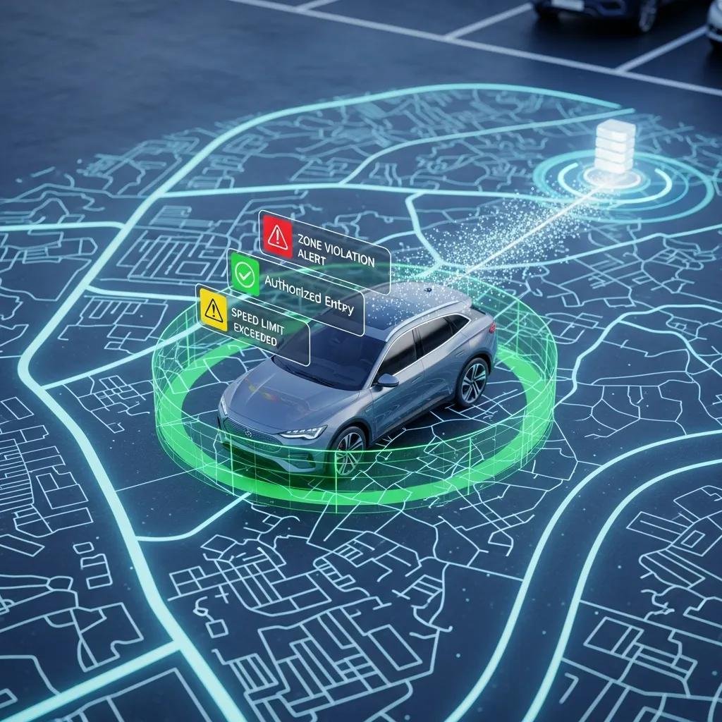 Illustration of geofencing technology with vehicle and digital map showing virtual boundaries