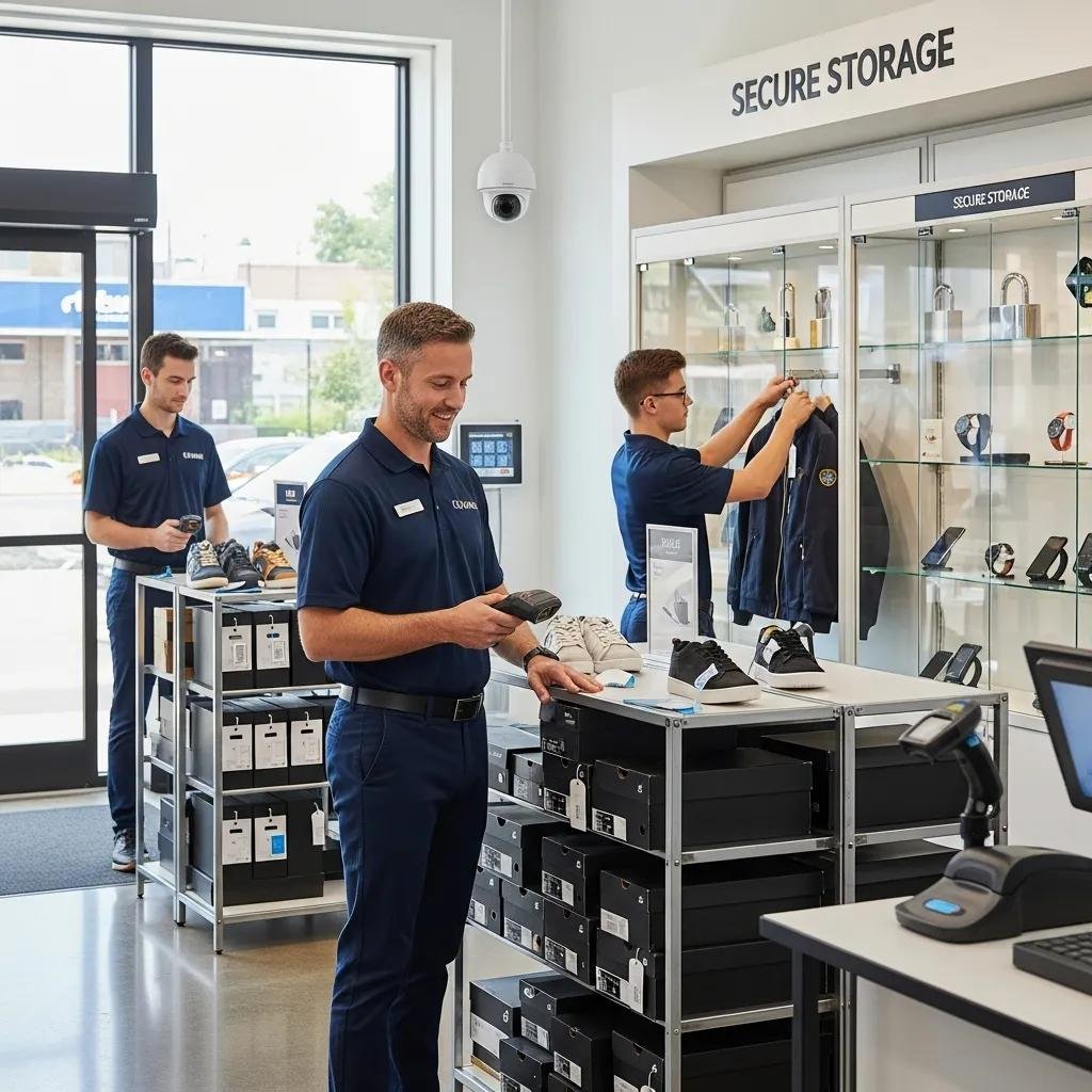 Illustration of inventory security solutions including RFID tags and secure storage in a retail setting