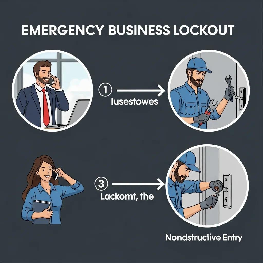 Illustration of the emergency business lockout process steps from call to entry