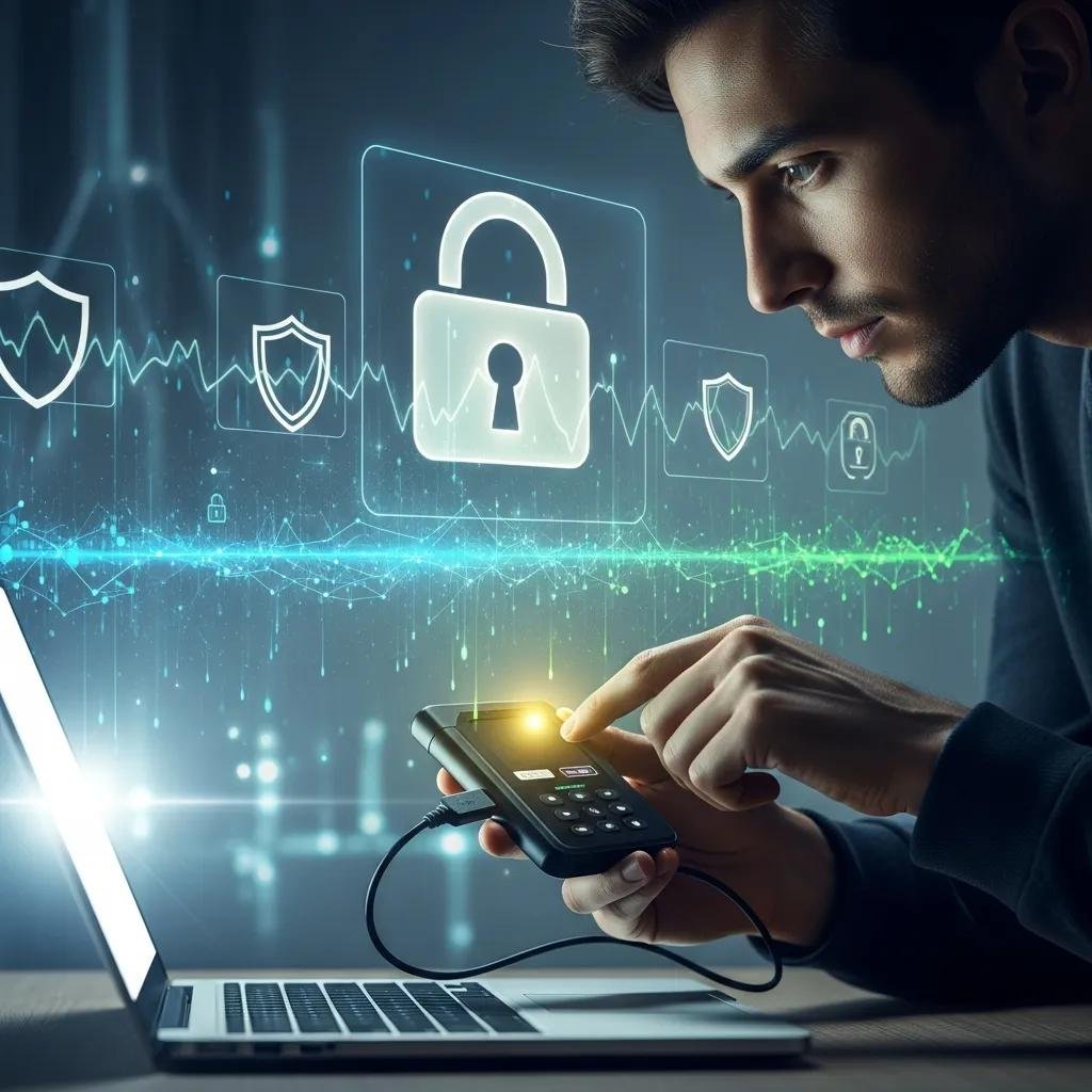 Individual using a hardware wallet to secure digital assets against crypto security threats