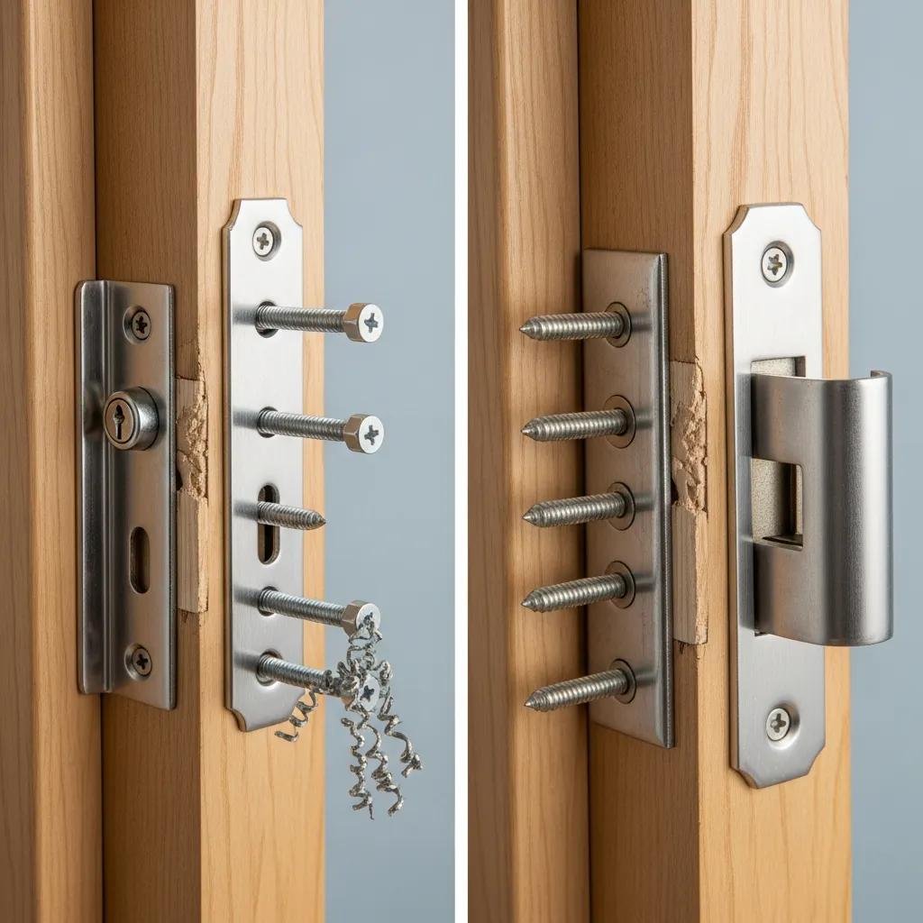 Door security plates and strike plates installed on a wooden door, showcasing enhanced security features with multiple screws and a reinforced lock area, emphasizing door strength against forced entry.