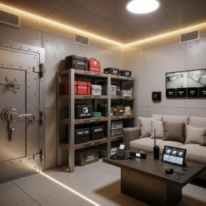 Interior of a safe room with reinforced walls and emergency supplies, highlighting security features