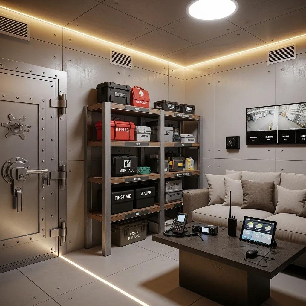 Interior of a safe room with reinforced walls and emergency supplies, highlighting security features