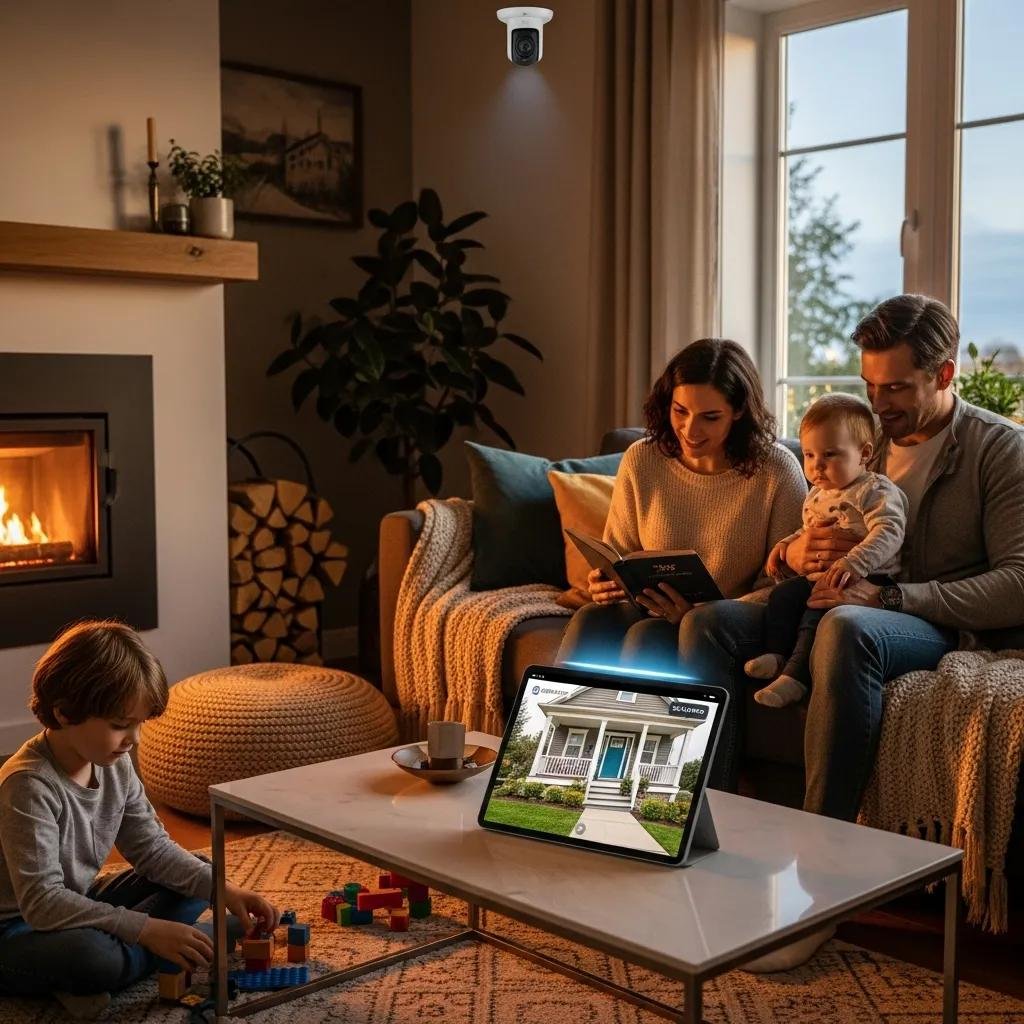 Interior view of a living room with AI-powered surveillance system monitoring