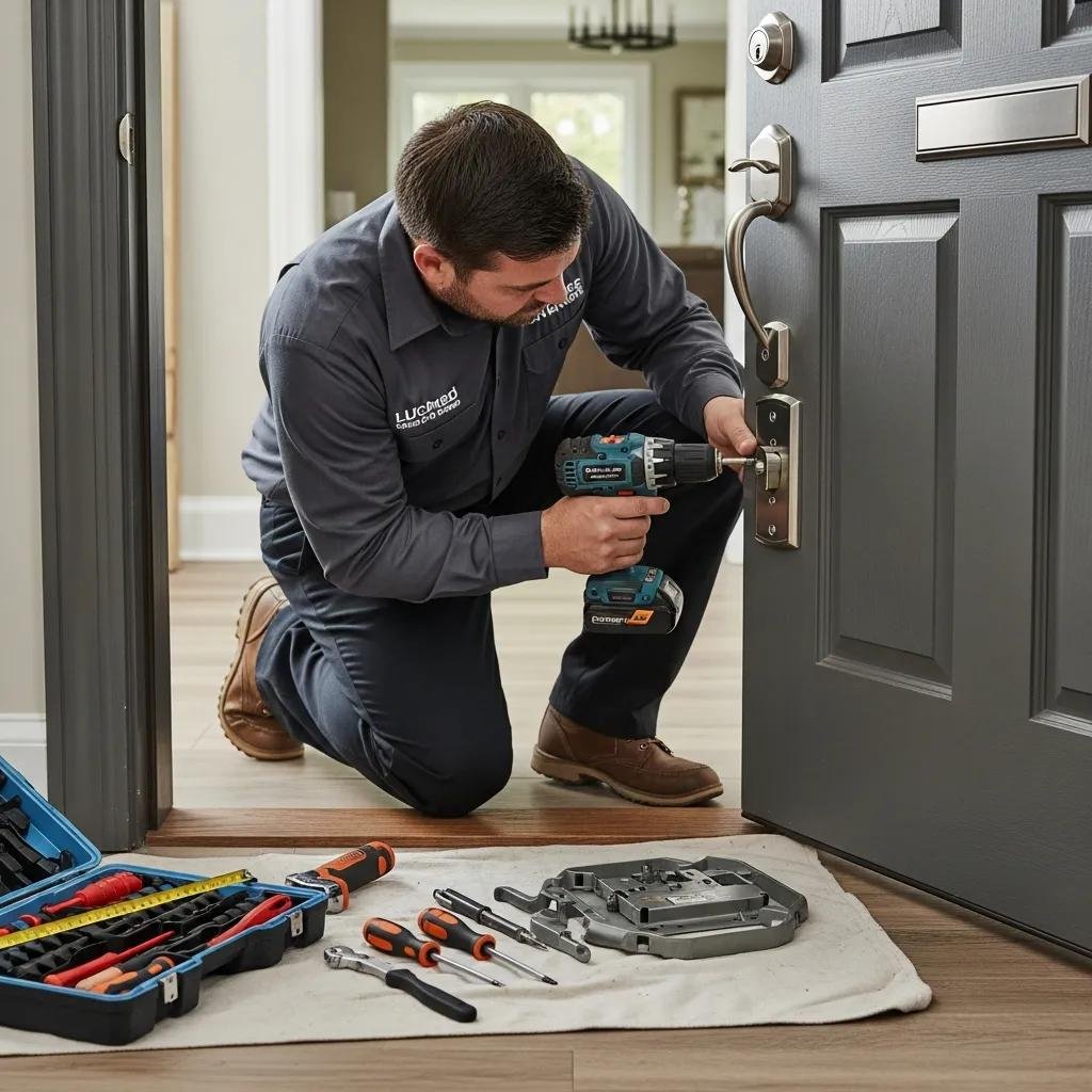 Licensed locksmith installing a fire-rated lock on a residential door, showcasing professional installation