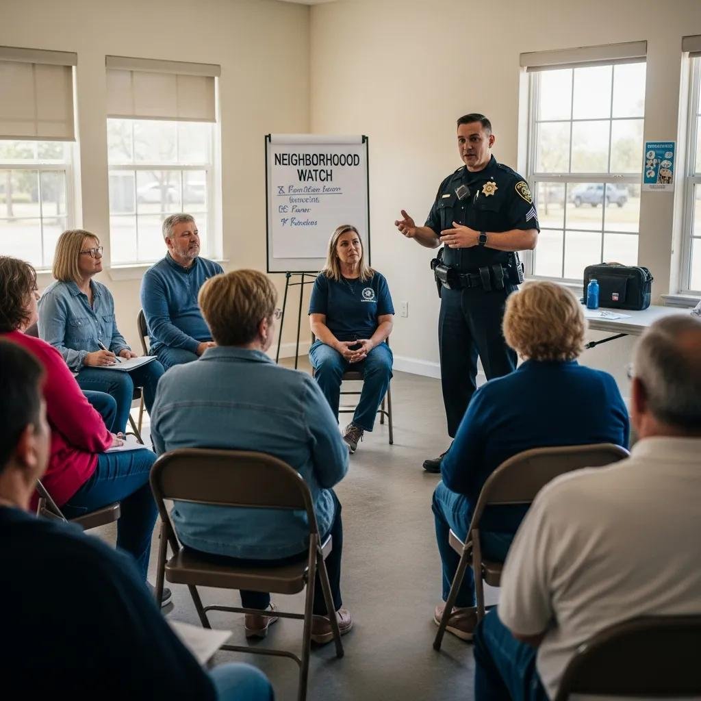 Local law enforcement officer addressing residents at a Neighborhood Watch meeting, fostering community engagement and safety awareness.
