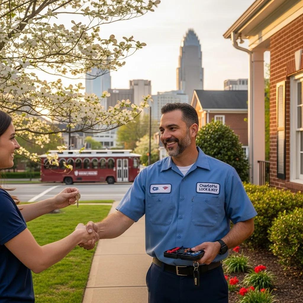 Local locksmith assisting a customer outside a home in Charlotte, NC