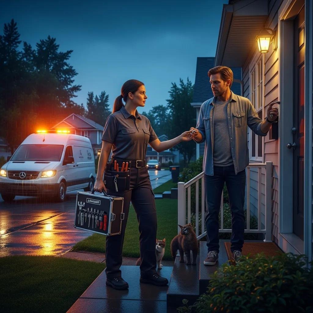 Locksmith arriving at a home for emergency lock services, emphasizing quick response and assistance