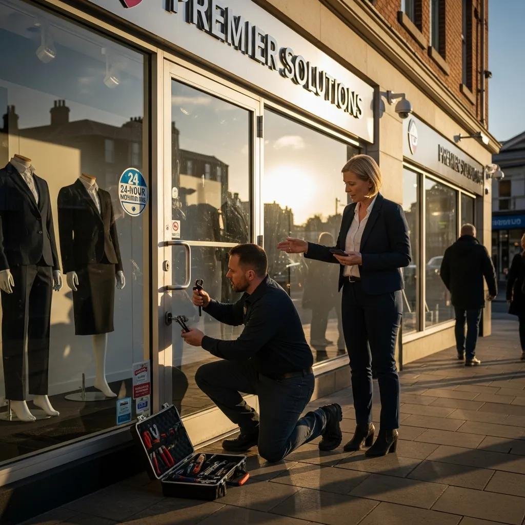 Locksmith assisting a business owner during an emergency lockout at a commercial property