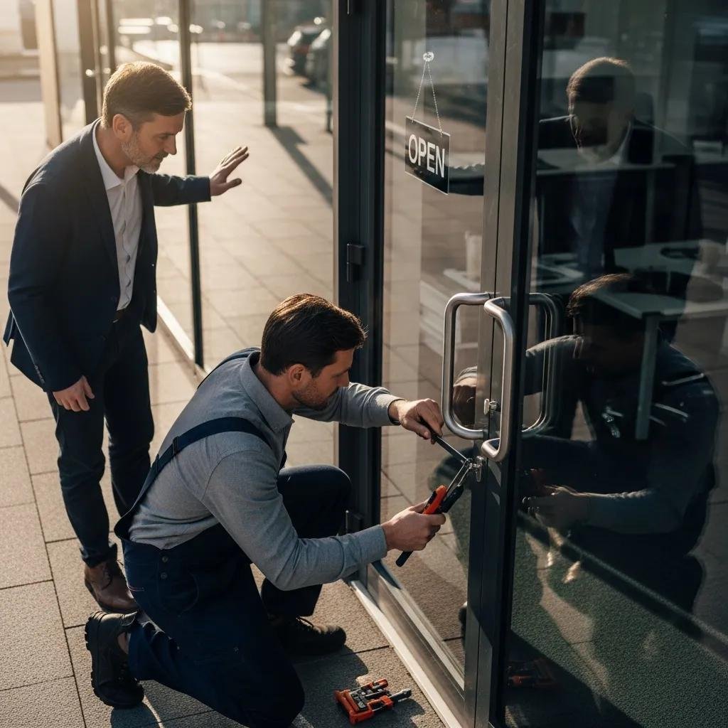 Locksmith assisting a business owner with commercial lockout, highlighting the importance of quick access solutions