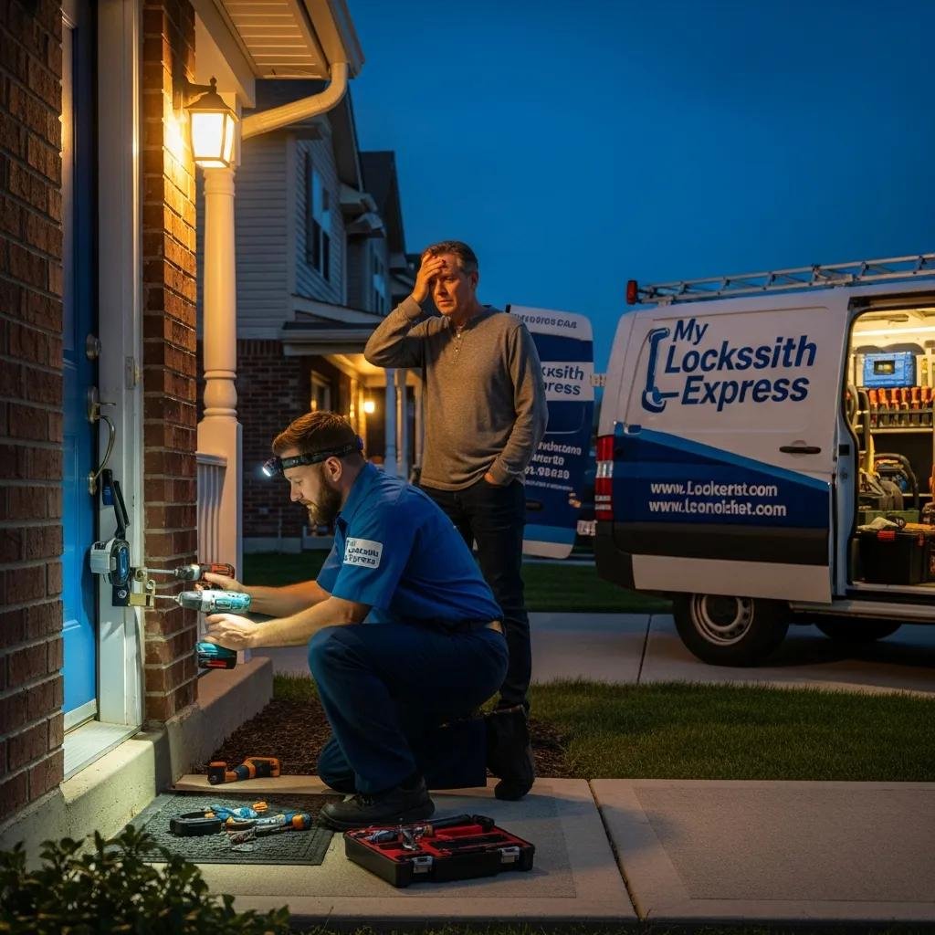 Locksmith assisting a customer during an emergency lockout situation, emphasizing quick response