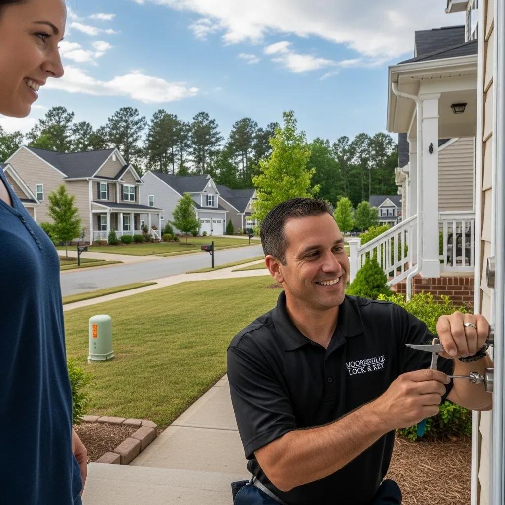 Locksmith assisting a customer in Mooresville NC during an emergency lockout