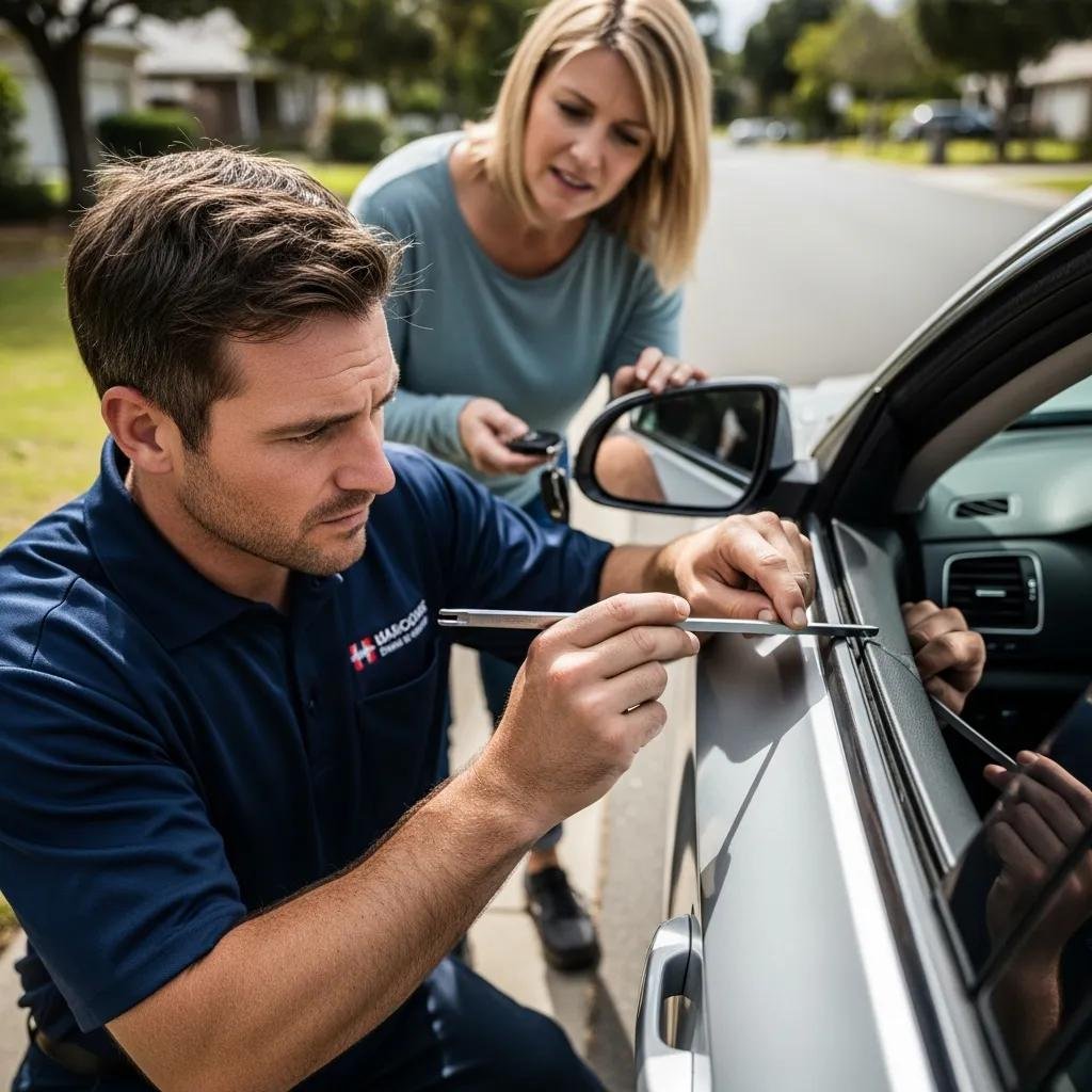 Locksmith assisting a customer with a car lockout, demonstrating cost-effective automotive locksmith solutions in a residential area.