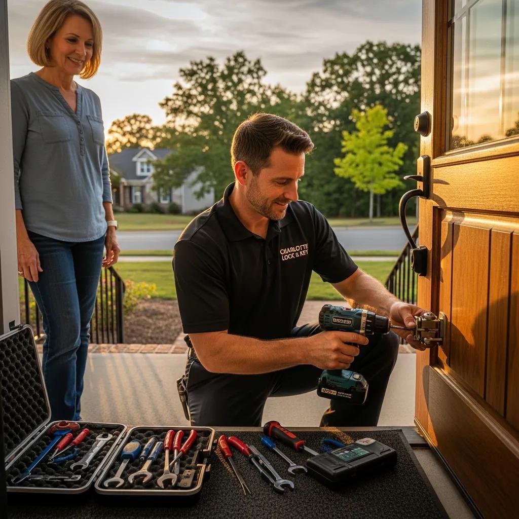Locksmith assisting a homeowner with lock services at a vacation home in Charlotte