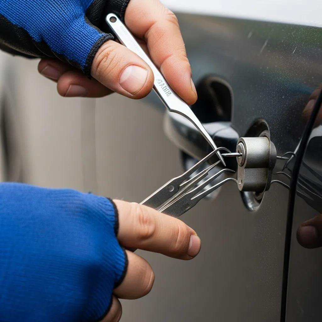 Locksmith using specialized tools to unlock a car door during a lockout situation.