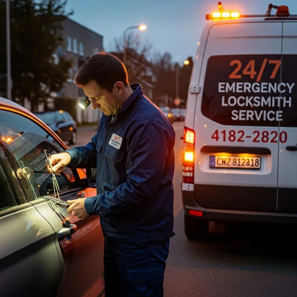 Locksmith assisting with an emergency automotive lockout, showcasing quick response and expertise