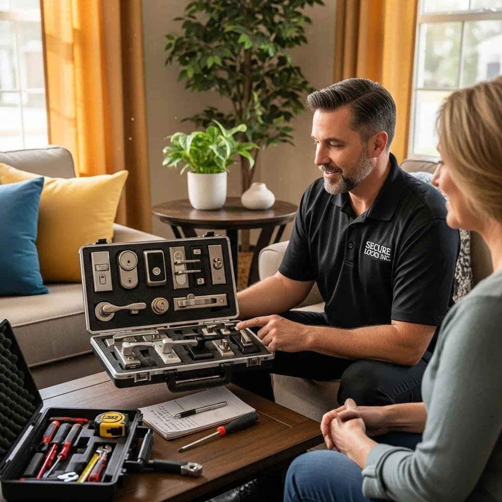 Locksmith consulting with a homeowner about lock installation options in a living room