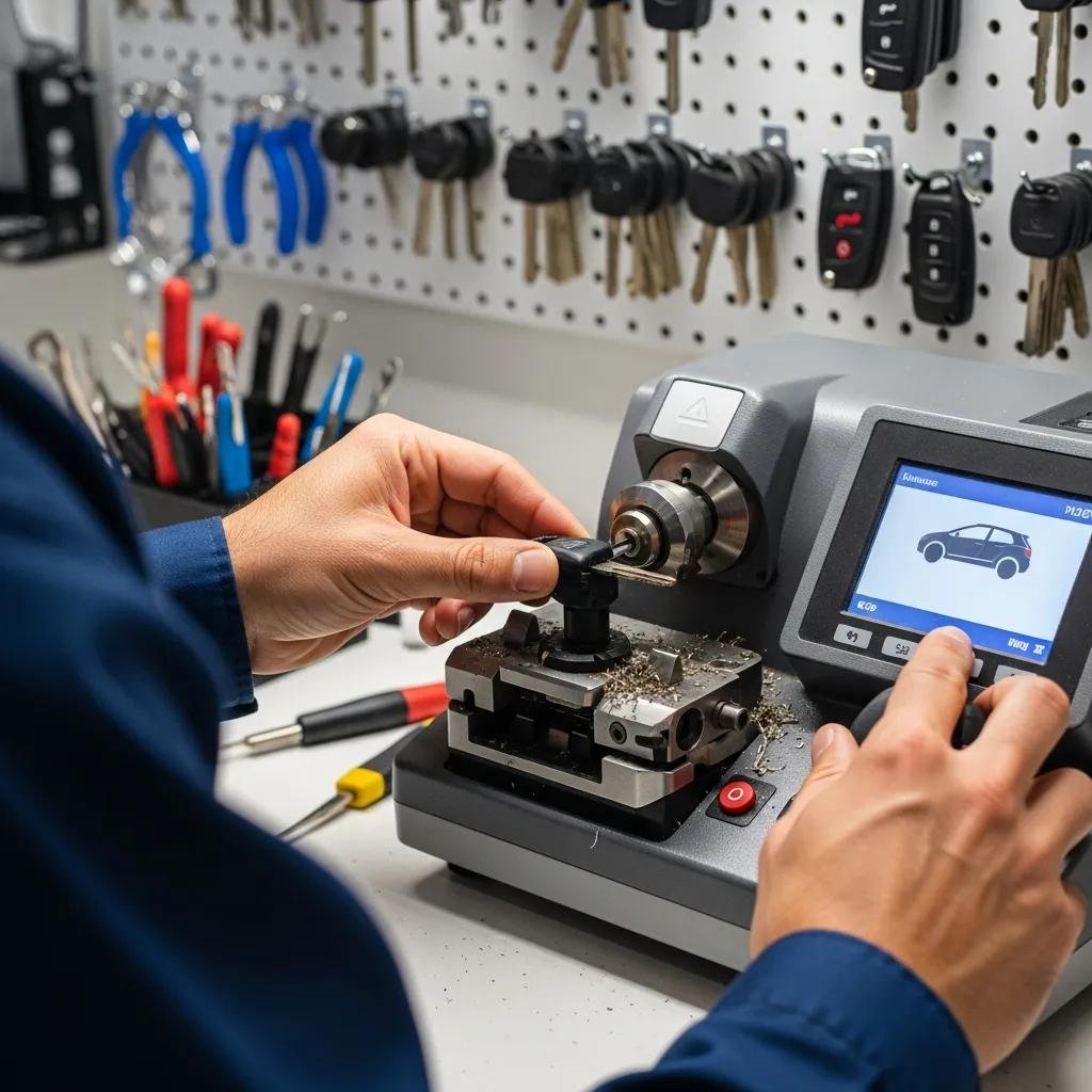 Locksmith creating a new car key using advanced technology for emergency services