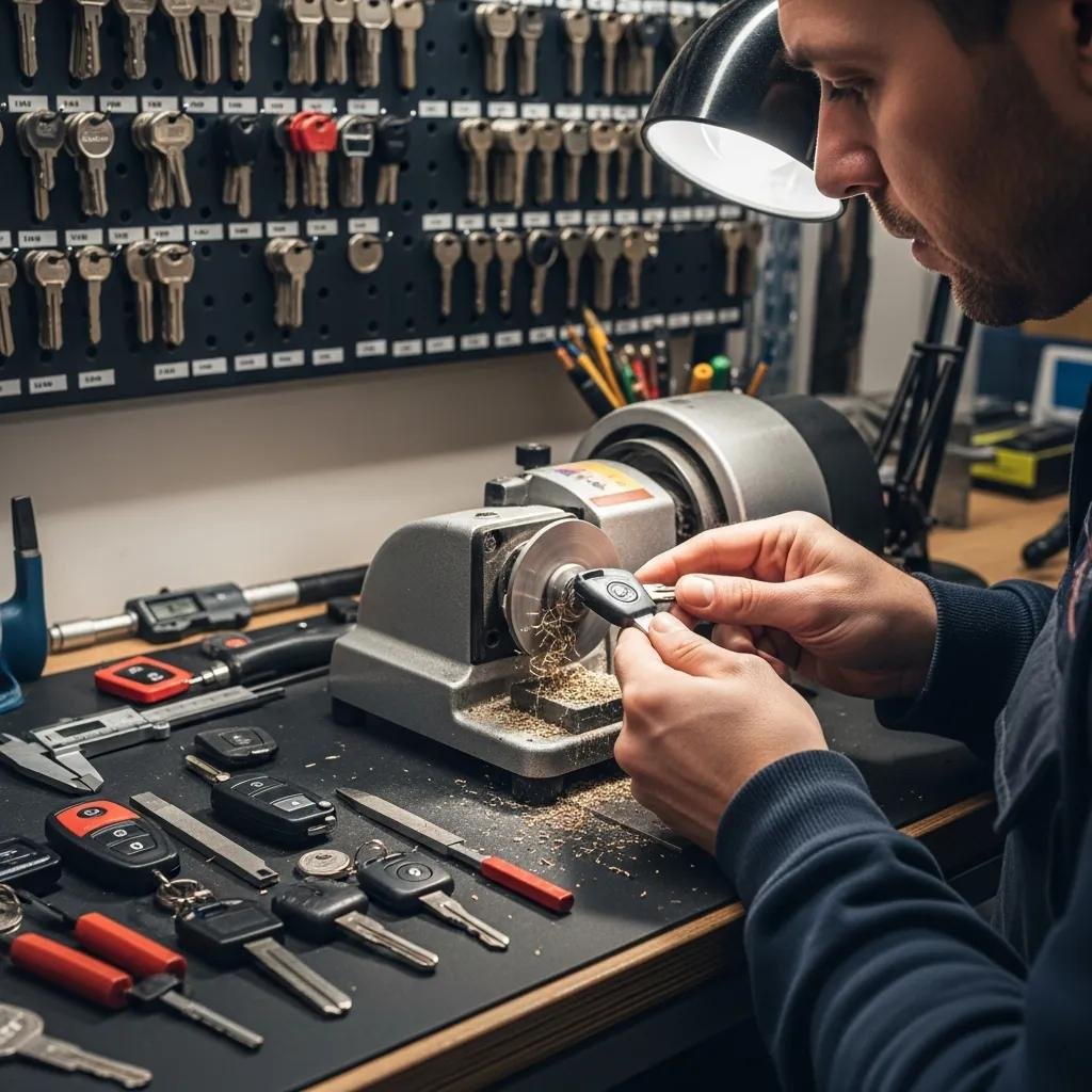 Locksmith cutting a new car key at a workbench