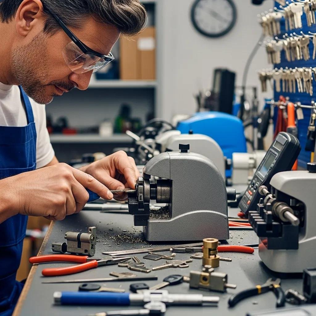 Locksmith cutting a new car key at a workbench, illustrating expertise in emergency key replacement