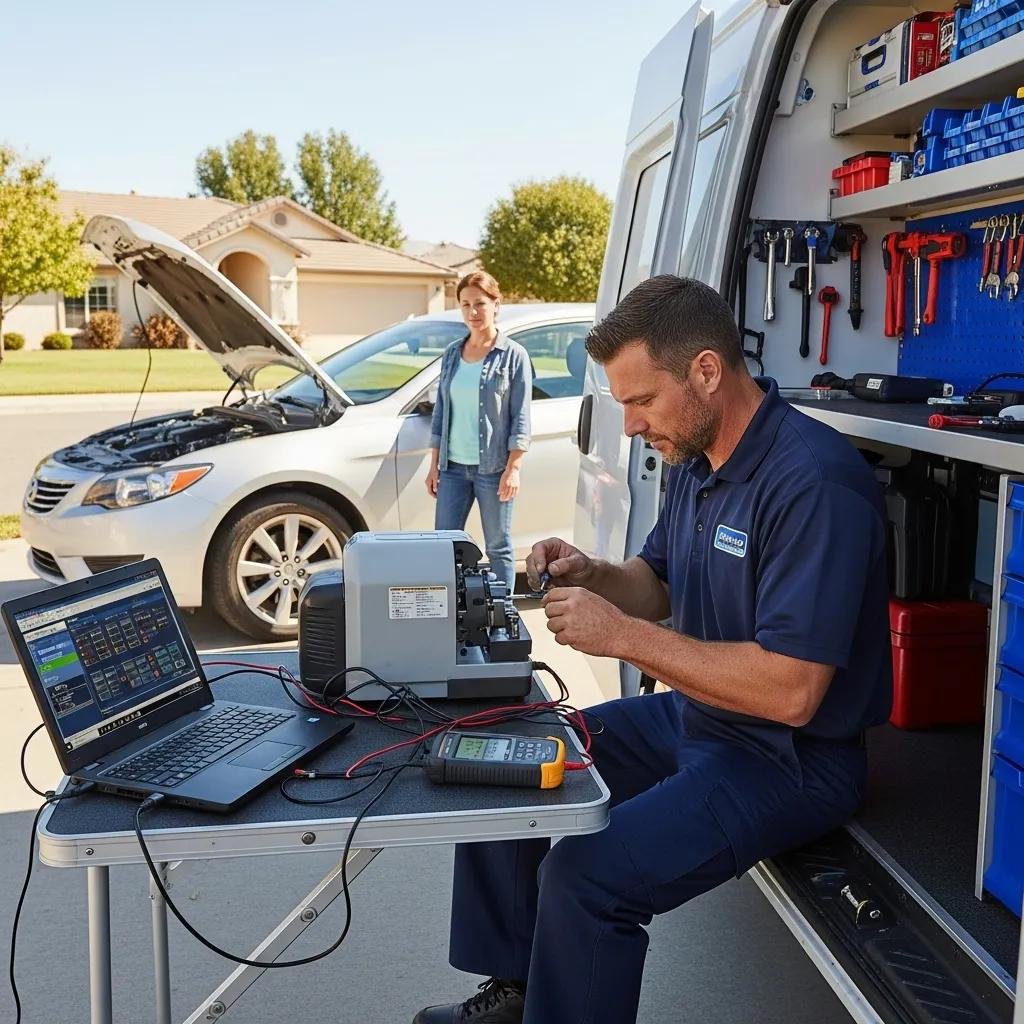 Locksmith cutting and programming a new car key on-site at a customer's location