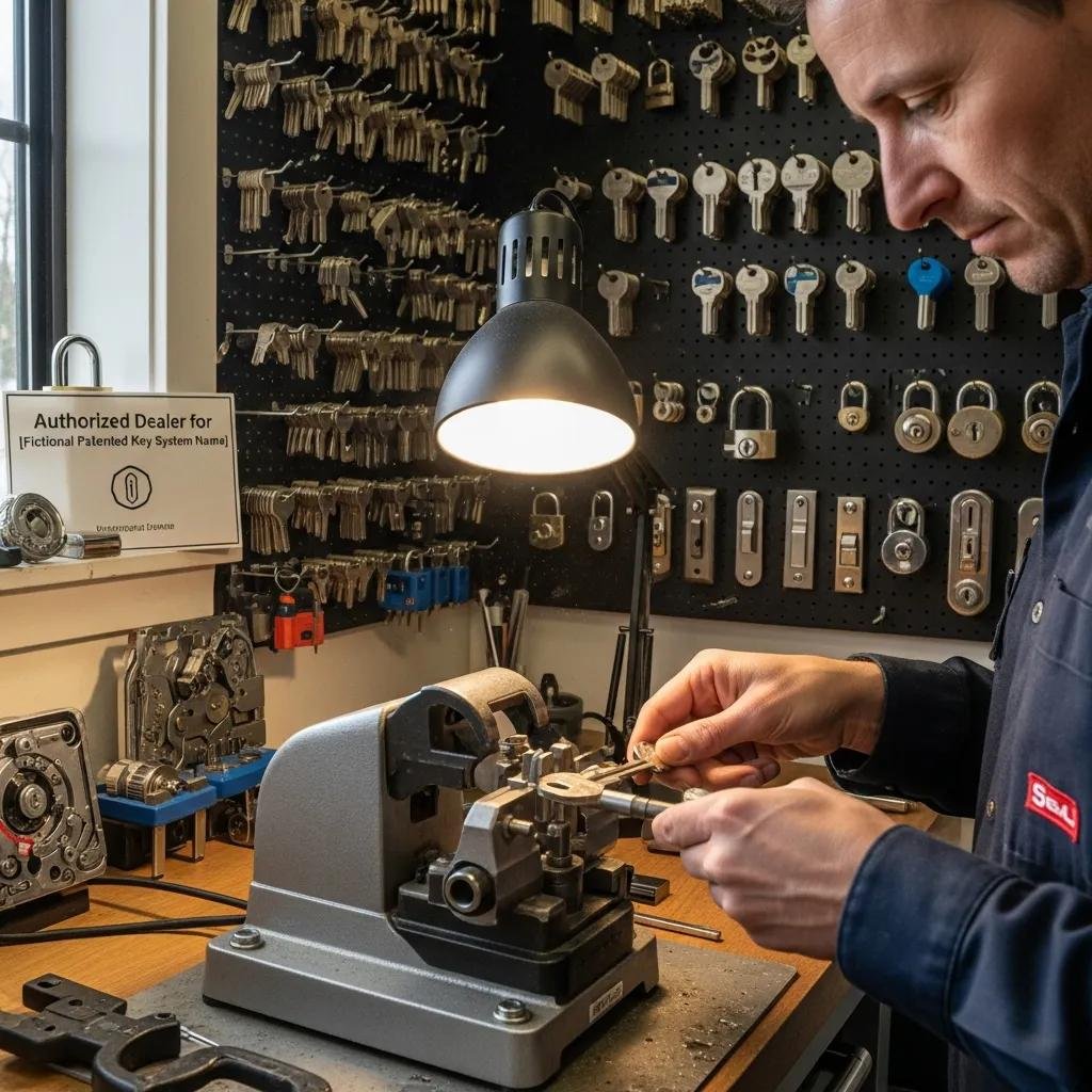 Locksmith demonstrating patented keyway technology for preventing unauthorized key duplication