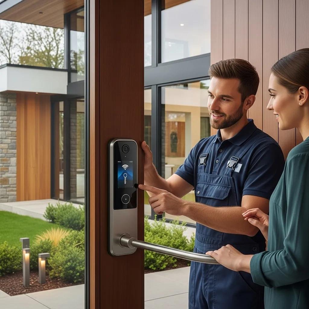 Locksmith demonstrating smart lock installation for enhanced home security
