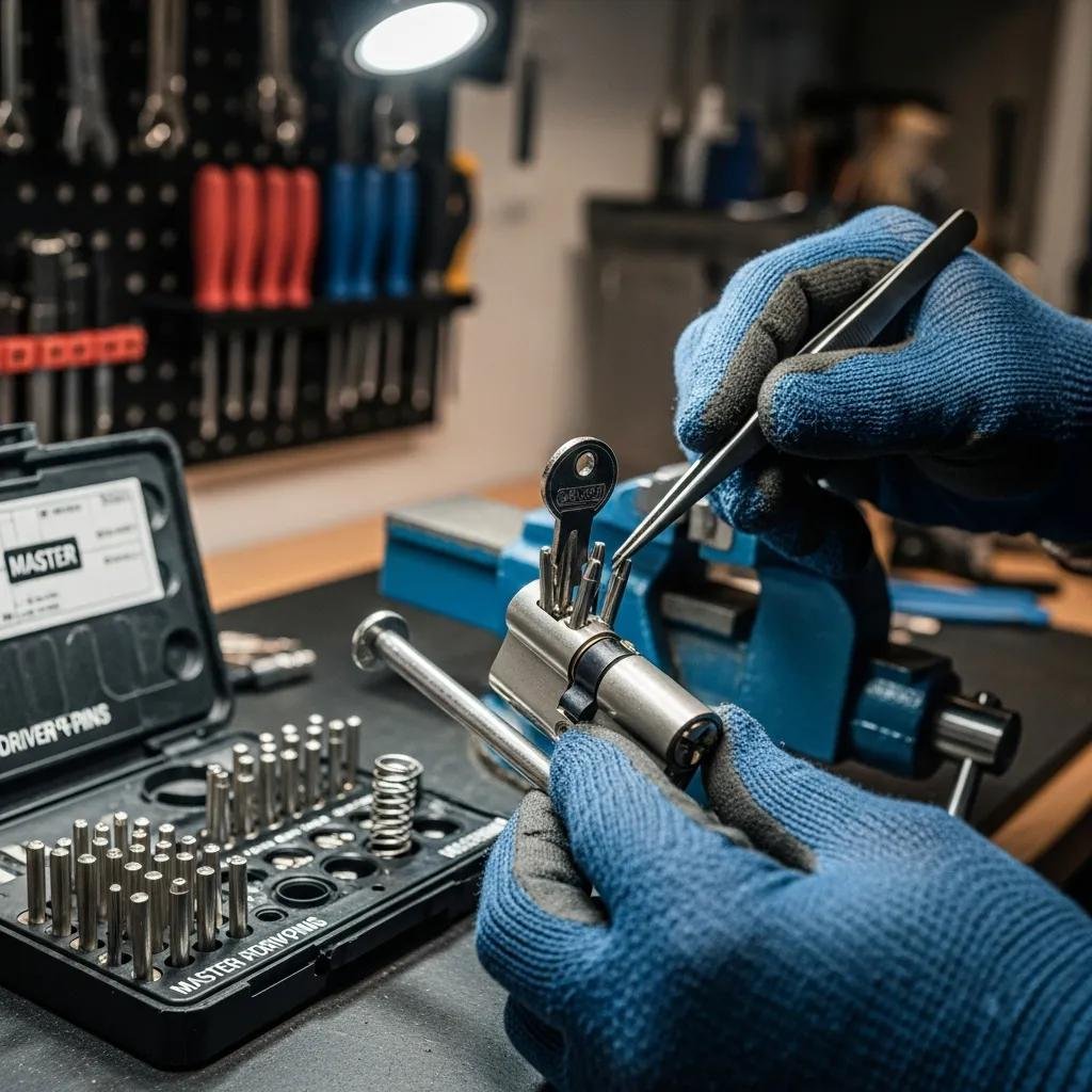 Locksmith disassembling a lock for rekeying, illustrating the professional process and attention to detail