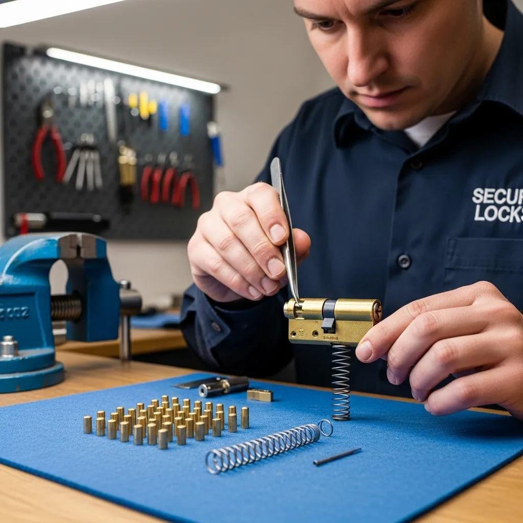 Locksmith disassembling a lock, illustrating the detailed rekeying process and its components