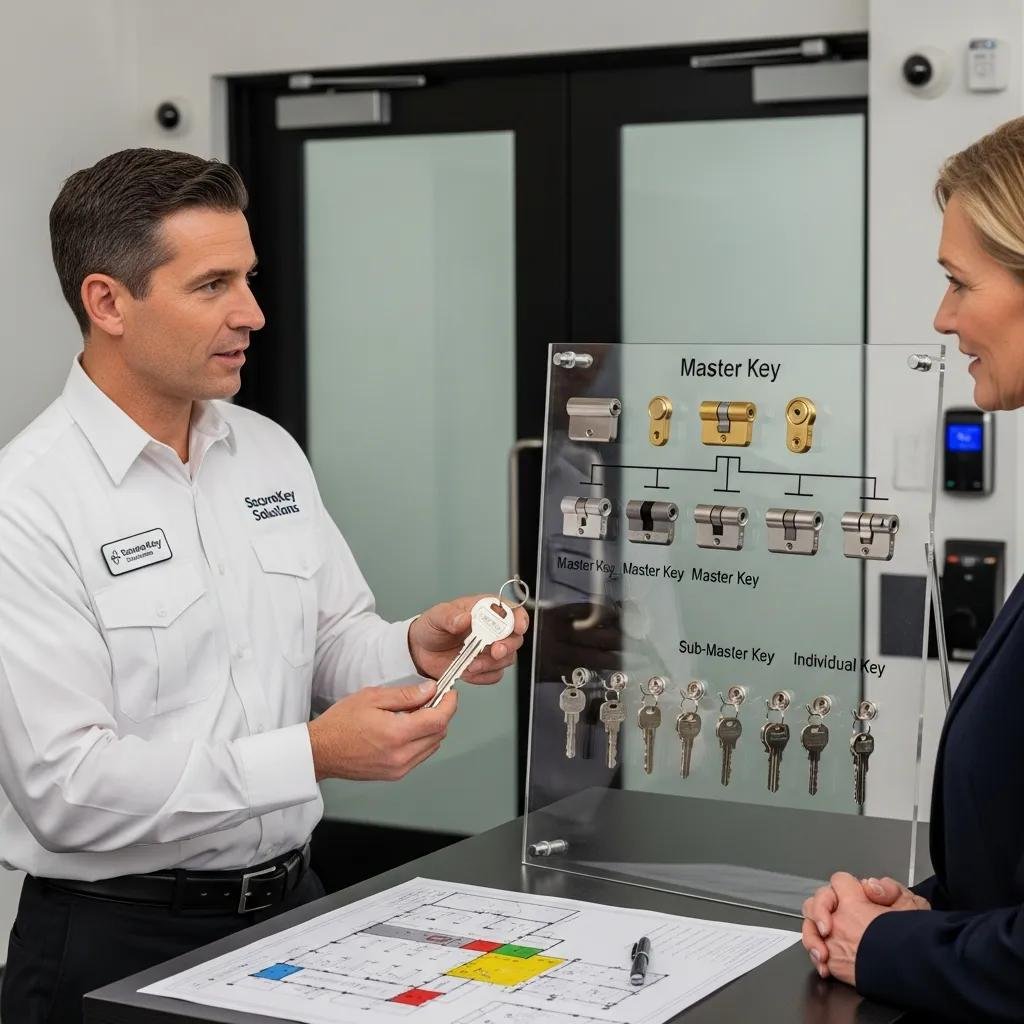 Locksmith discussing master key systems with a business owner, highlighting commercial rekeying benefits