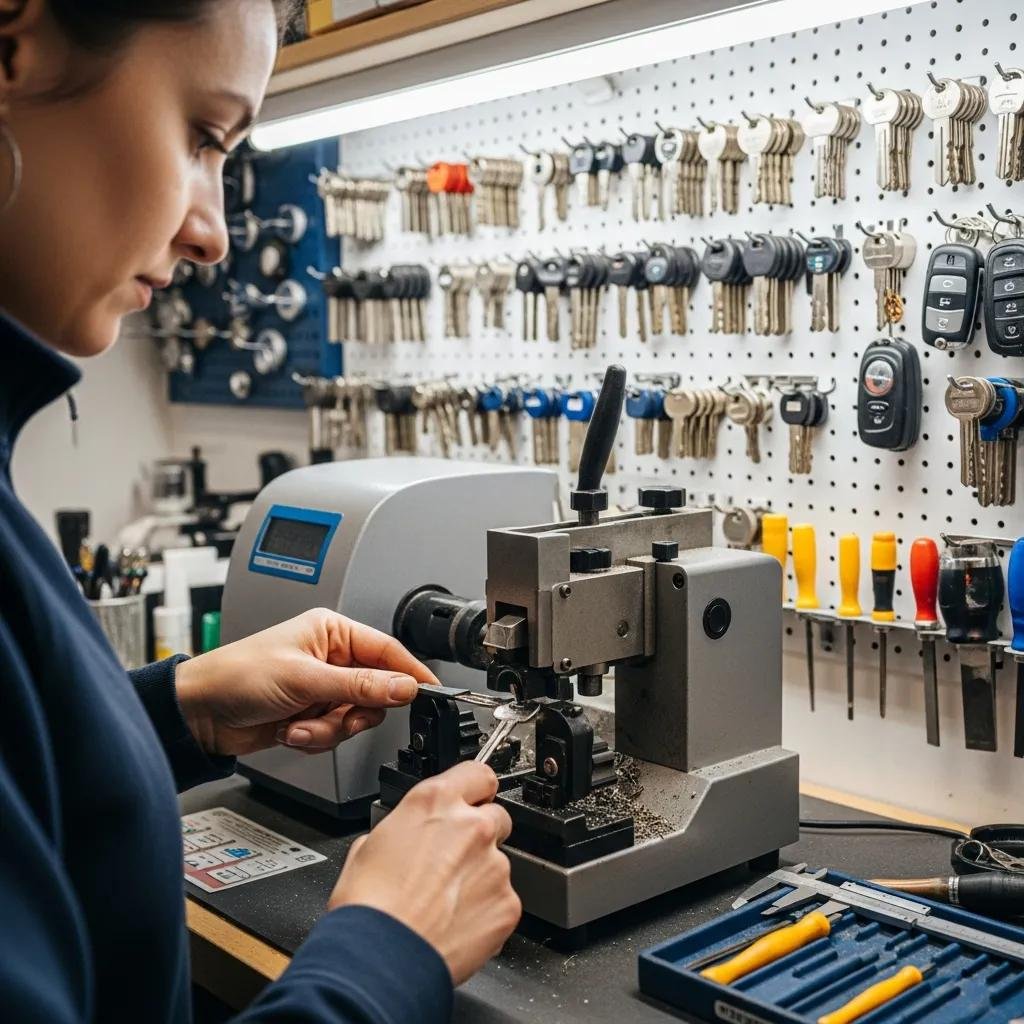 Locksmith duplicating a car key in a workshop, highlighting key duplication services