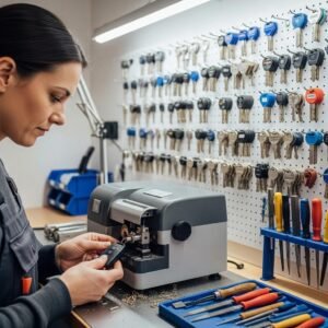 Locksmith duplicating car keys in a workshop, showcasing key cutting equipment and various key types