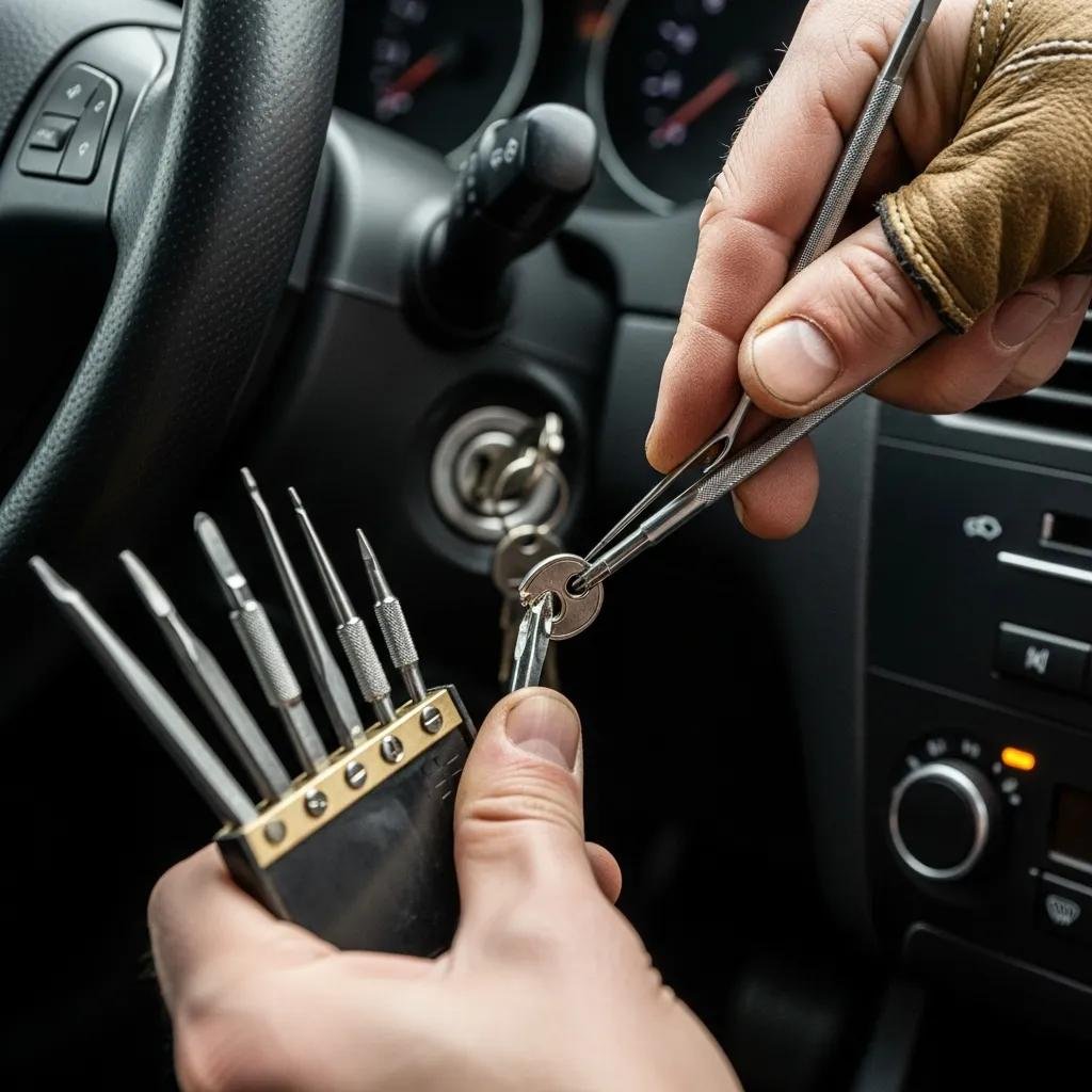 Locksmith extracting a broken key from a car ignition, demonstrating ignition repair services in Charlotte NC