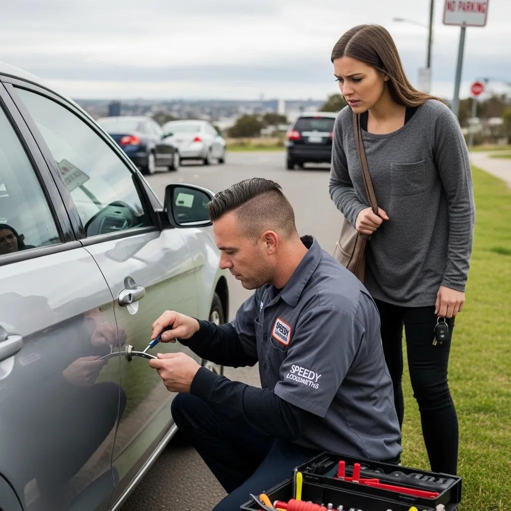 Locksmith helping a car owner unlock their vehicle, illustrating automotive lockout services