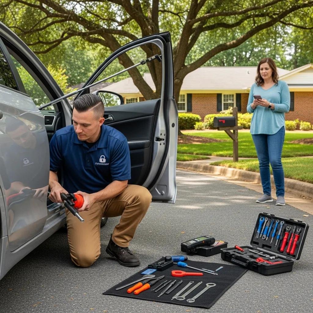 Locksmith helping a customer with a car lockout, highlighting automotive locksmith services