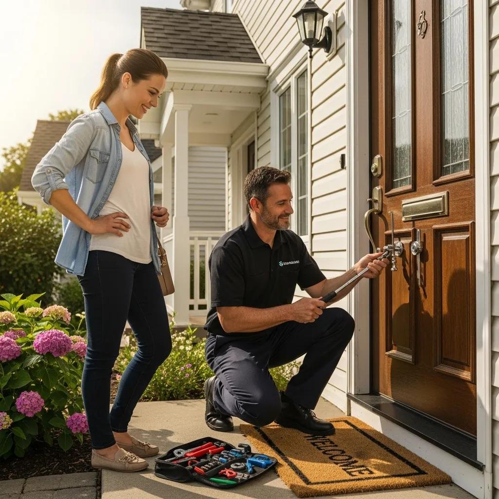 Locksmith assisting a homeowner at their front door, demonstrating residential lockout and rekey services