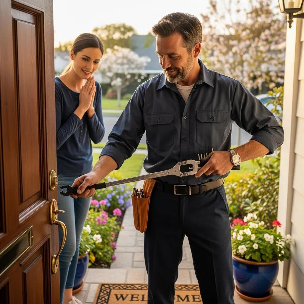 Locksmith helping a homeowner unlock a front door, illustrating residential emergency locksmith solutions