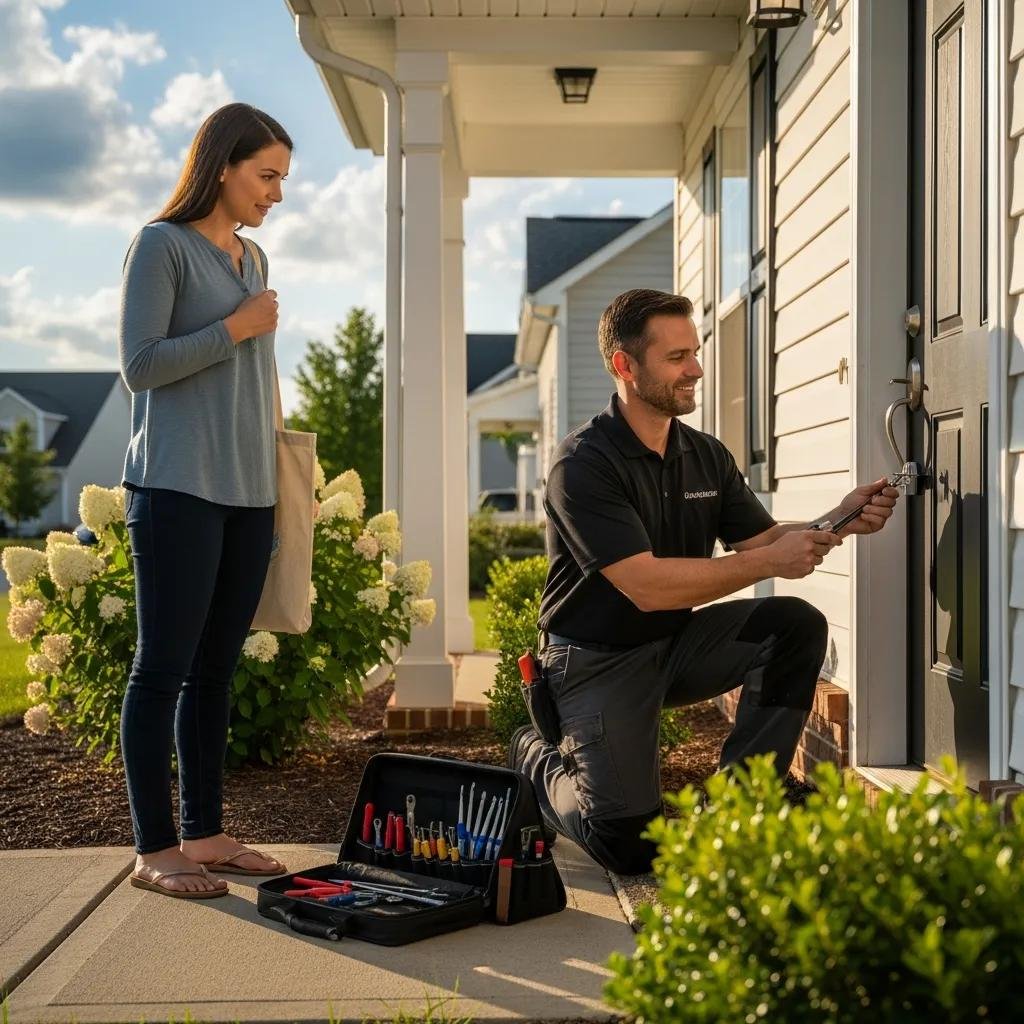 Locksmith helping a homeowner with a lockout situation, showcasing residential locksmith services
