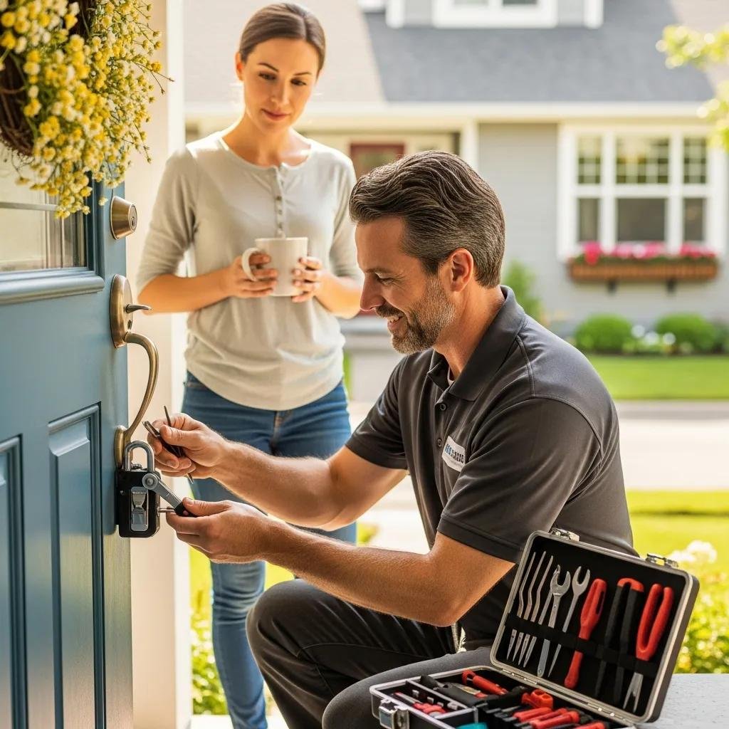 Locksmith helping a homeowner with a residential lockout, showcasing on-site solutions