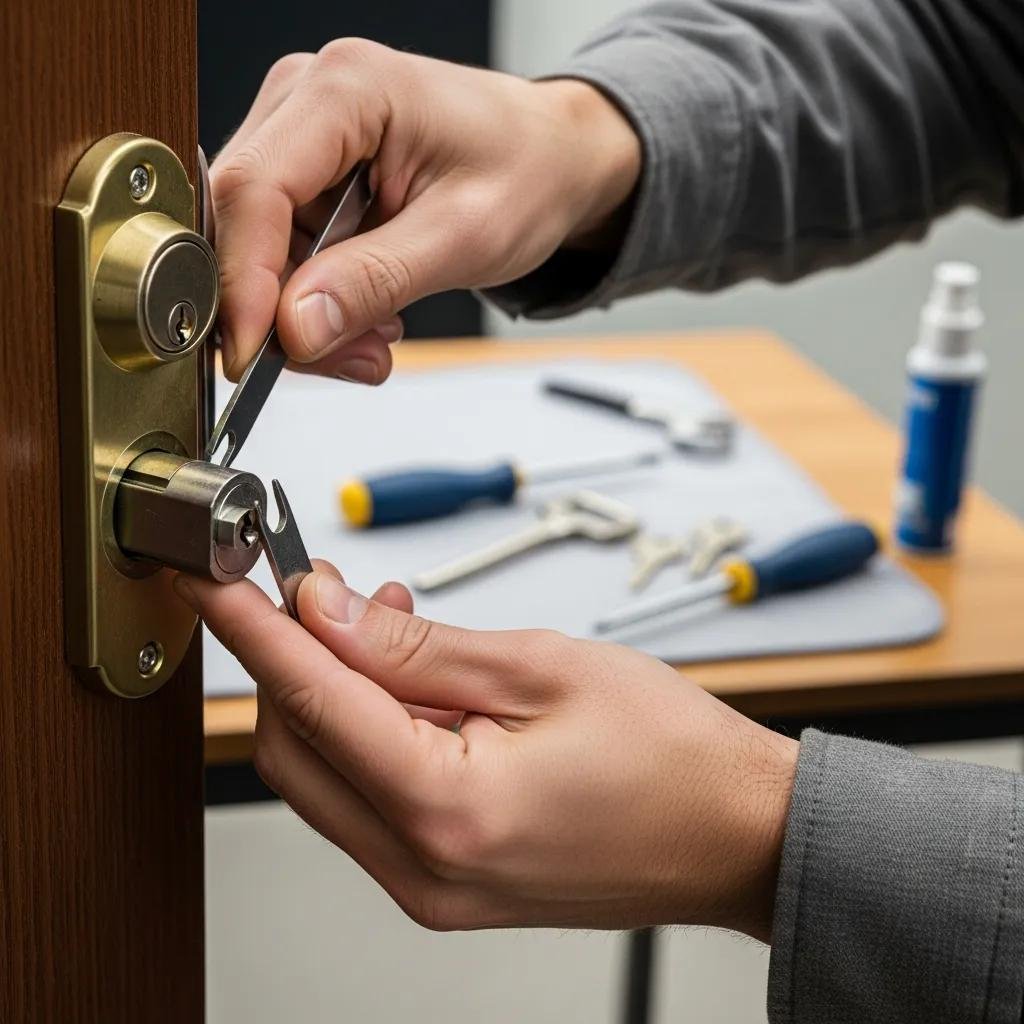 Locksmith repairing a commercial deadbolt lock with tools, emphasizing security in business environments.