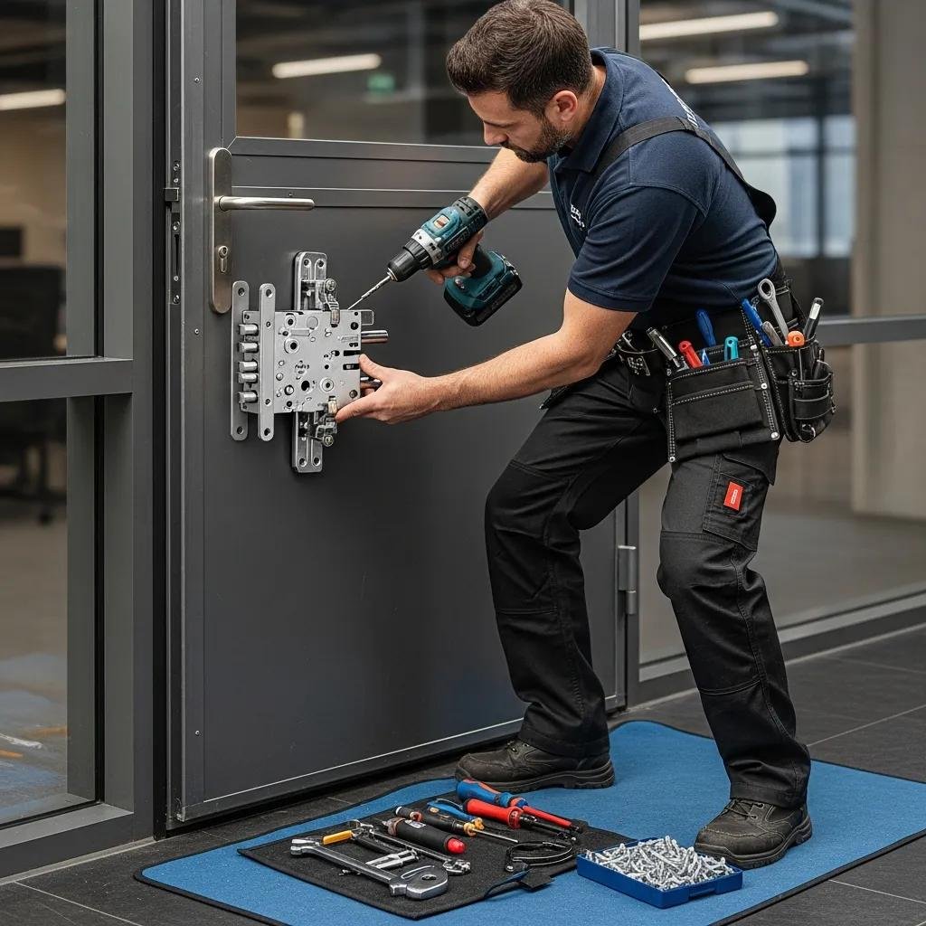 Locksmith installing a high-security lock on a commercial building