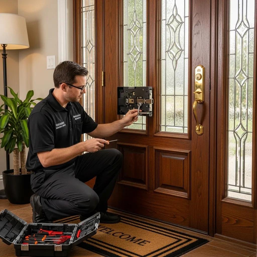Locksmith installing a high-security lock on a front door, showcasing residential emergency solutions